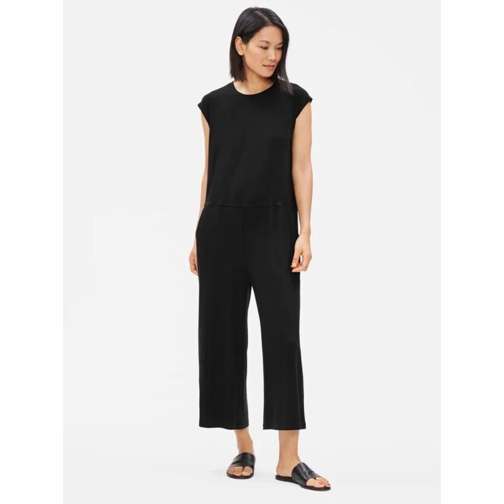 Women's Black Short Sleeve Jumpsuit Eileen Fisher Size Small Wide Leg Pockets